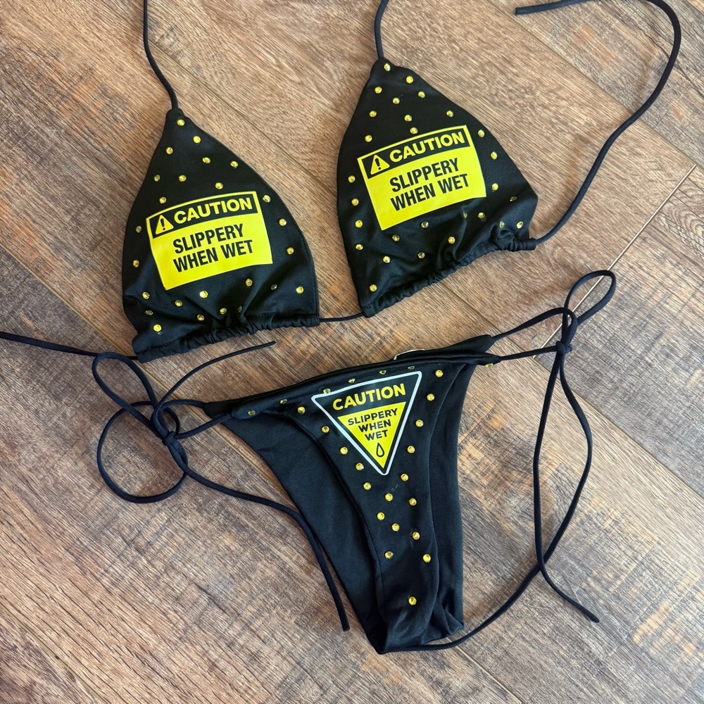 CAUTION SLIPPERY WHEN WET Stripper Exotic Dancewear String Bikini Black Custom
